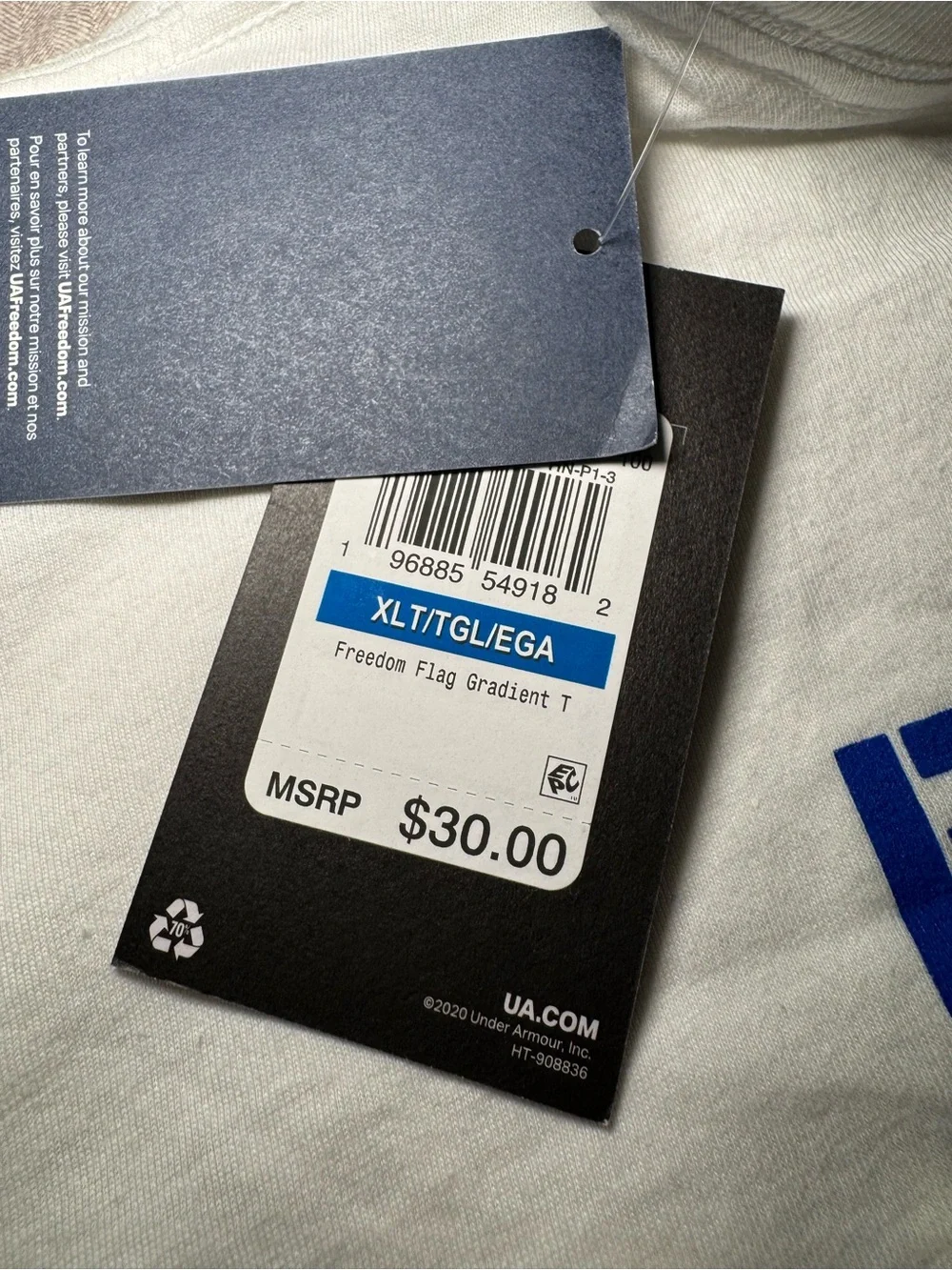 Under Armour White Short Sleeve Freedom Performance Tee with Blue Logo
